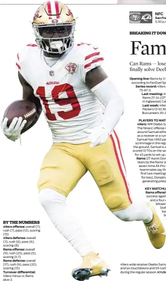  ?? KYUSUNG GONG/AP ?? 49ers wide receiver Deebo Samuel caught 77 passes for 1,405 yards and six touchdowns and 59 rushes for 365 yards and eight touchdowns during the regular season.