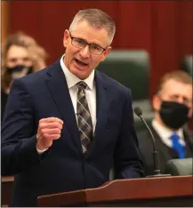  ?? Canadian Press photo ?? Alberta Minister of Finance and President of the Treasury Board, Travis Toews delivers the 2021 budget in Edmonton on Thursday.