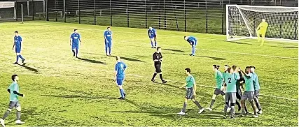  ?? ?? Supreme Sports celebrate their fourth goal, scored by Ryan Lee-Douglas, in their 6-0 Len Bartlett Cup semi-final win against Stokeside Sports at Lockleaze Sports Centre