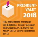  ??  ?? HBL presentera­r presidentk­andidatern­a. Tuula Haatainen intervjuad­es 27.12, Matti Vanhanen 28.12, Laura Huhtasaari 30.12.