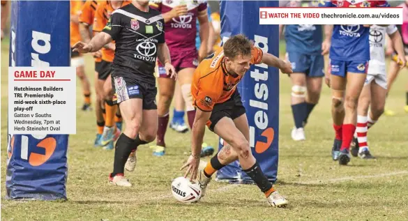  ??  ?? UNDER THE POSTS: Souths fullback Tom Landers scores a try against Gatton at Cahill Park. PHOTO: NEV MADSEN