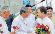  ?? PTI ?? Former chief minister Harish Rawat welcoming Congress vicepresid­ent Rahul Gandhi in Dehradun on Friday.