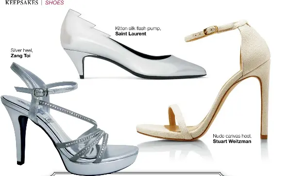  ??  ?? Silver heel, Zang Toi Kitten silk flash pump, Saint Laurent Nude canvas heel, Stuart Weitzman