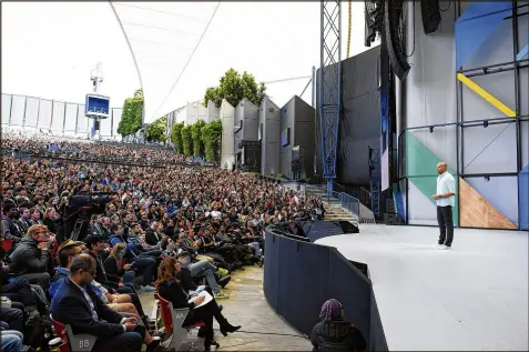  ?? MICHAEL SHORT / BLOOMBERG ?? Anil Sabharwal, vice president of Google Photos, speaks Wednesday during the Google I/O Annual Developers Conference in Mountain View, Calif. Google’s artificial-intelligen­ce-based voice Assistant is on more than 100 million devices now, and the...