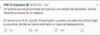  ?? ?? Tuit. La PNC informó sobre el hecho en redes sociales. No dieron más detalles.