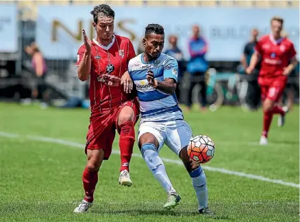  ??  ?? Tasman United’s James Hoyt and Waitakere United’s Ryan Cain compete for the ball during their Stirling Sports Premiershi­p round six match at Trafalgar Park.