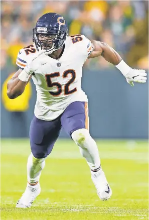  ?? JEFF HANISCH/USA TODAY SPORTS ?? Bears LB Khalil Mack has returned an intercepti­on for a TD and has 9 sacks, 5 forced fumbles and 2 fumble recoveries.