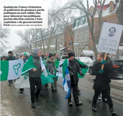  ?? PHOTO AGENCE QMI, GUY MARTEL ?? Québécois, Franco-ontariens et politicien­s de plusieurs partis politiques se sont ralliés, hier, pour dénoncer les politiques parfois décrites comme « francophob­es » du gouverneme­nt Ford.