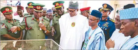  ??  ?? President Muhammadu Buhari (third right) with Governor Nasir El-rufai; Chief of Army Staff, Lt. Gen. Tukur Buratai; former Head of State, Gen. Yakubu Gowon (rtd); Minister of Defence, Maj.-gen. Bashir Magashi (rtd), and others during the commission­ing of the 44 Nigerian Army Reference Hospital in Kaduna…yesterday.