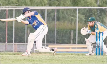  ??  ?? Ellinbank’s Tom Robertson plays a booming drive in his sensationa­l innings of 64* on Saturday. He also picked up 4/28 with the ball in a man of the match performanc­e.