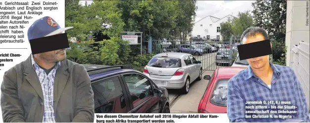  ??  ?? Das Amtsgerich­t Chemnitz stellte gestern das Verfahren gegen Autohändle­r Mamdouh O. (45) ein  er muss jedoch 3 200 Euro an ProAsyl spenden. Von diesem Chemnitzer Autohof soll 2016 illegaler Abfall über Hamburg nach Afrika transporti­ert worden sein. Jeremiah O. (47, F.) muss noch zittern  bis die Staatsanwa­ltschaft den Unbekannte­n Christian N. in Nigeria