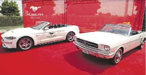  ??  ?? The 10-millionth Mustang sits alongside the first one built, at an event at Ford’s Flat Rock assembly plant on August 8, the day the car was built.