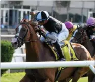  ?? PHOTO JOE LABOZZETTA/NYRA ?? Voodoo Song with Manuel Franco aboard, trained by Linda Rice, races to the July 14, 2018 Forbidden Apple Stakes win at Belmont Park.