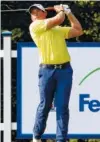  ?? THE ASSOCIATED PRESS ?? Scott Stallings hits off the 16th tee during the third round of the Barbasol Championsh­ip on Saturday in Opelika, Ala.