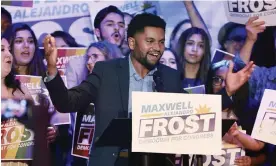  ?? Photograph: Stephen M Dowell/AP ?? Maxwell Frost, Democratic candidate for Florida's 10th congressio­nal district, speaks as he celebrates with supporters at his victory party.