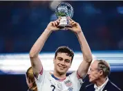  ?? Julio Cortez/Associated Press ?? United States forward Gio Reyna celbrates after a win over Mexico in the CONCACAF Nations League final Sunday in Arlington, Texas.