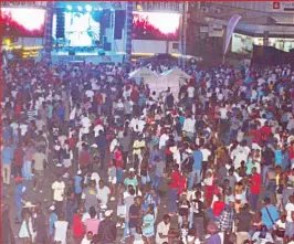  ??  ?? No through road . . . Thousands of music lovers last night thronged the city centre for a street bash organised by a beverages company. A section of 8th Avenue between Jason Moyo and Fife streets was closed to motorists for the show