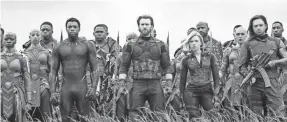  ?? CHUCK ZLOTNICK/MARVEL ?? Black Panther (Chadwick Boseman, left), Captain America (Chris Evans), Black Widow (Scarlett Johansson) and Winter Soldier (Sebastian Stan) lead the charge in “Avengers: Infinity War,” in theaters next week.