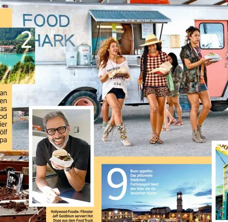  ??  ?? Hollywood-Foodie: Filmstar Jeff Goldblum serviert Hot Dogs aus dem Food Truck