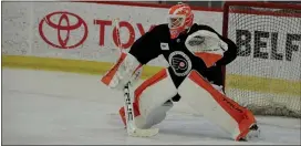  ?? SUBMITTED PHOTO – ZACK HILL ?? At 35, Flyers goalie Brian Elliott was sharpening up Wednesday for another season of backup duty to 22-year-old Carter Hart. The season starts next Wednesday night at Wells Fargo Center.