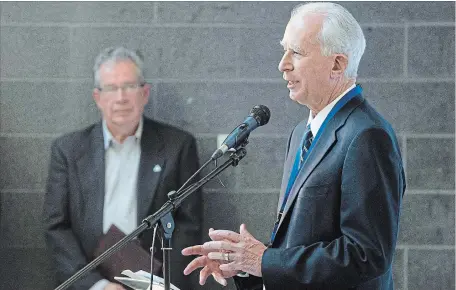  ?? JESSICA NYZNIK/EXAMINER ?? Dr. Peter McLaughlin, CEO and president of PRHC, speaks as MPP Jeff Leal looks on during a funding announceme­nt at the hospital Monday.