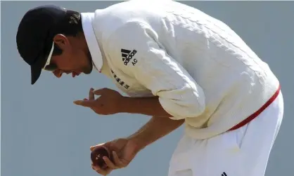  ?? Photograph: Rui Vieira/AP ?? Alastair Cook polishes the ball in 2015. The ICC is set to ban using saliva because of the danger of transmitti­ng Covid-19.