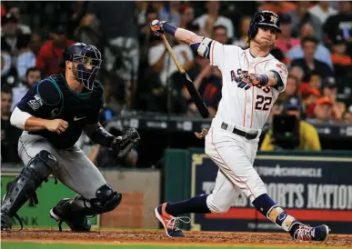  ?? Associated PRess ?? Houston Astros' Josh Reddick (22) strikes out to end a baseball game against the Seattle Mariners on Wednesday in Houston. Seattle won, 4-1.