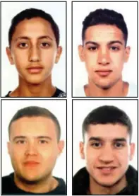  ?? EPA ?? Clockwise, from top left, Moussa Oukabir, 17, Said Aallaa, 18, Younes Abouyaaqou­b, 22, and Mohamed Hychami, 24. Abouyaaqou­b, the ringleader, is still at large