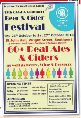  ??  ?? Southport and West Lancs Branch h of Camra’s 17th beer and cider festival will take place in October