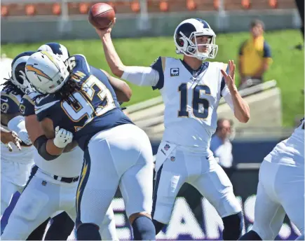  ?? ROBERT HANASHIRO/USA TODAY SPORTS ?? Jared Goff threw for 354 yards and 3 TDs in the Rams’ win Sunday over the Chargers.