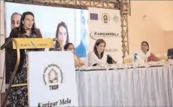  ?? -APP ?? Ambassador of European Union Androulla Kaminara speaking at the inaugurati­on ceremony of “Karigar Mela” (Showcasing Sindh’s Traditiona­l Products) organized by Thardeep Rural Developmen­t Programme.
