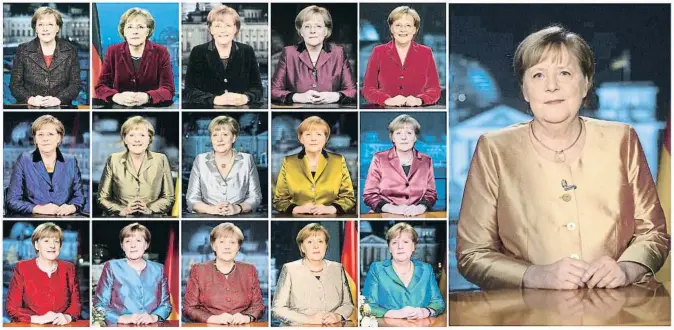  ?? VARIOUS / EFE ?? 16 mensajes de Año Nuevo
La canciller de Alemania, Angela Merkel, en sus discursos de cambio de año desde el 2005 (ordenados de izquierda a derecha, y de arriba abajo). Foto grande, el del 2020