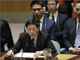  ?? PHOTO/MARK LENNIHAN ?? Chinese deputy ambassador to the U.N. Wu Haitao speaks at the Security Council on Friday at United Nations headquarte­rs. The council voted on proposed new sanctions against North Korea, including sharply lower limits on its refined oil imports, the...