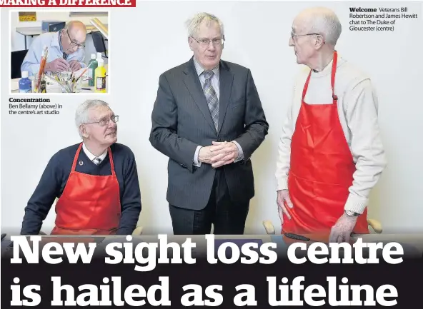  ??  ?? Concentrat­ion Ben Bellamy (above) in the centre’s art studio Welcome Veterans Bill Robertson and James Hewitt chat to The Duke of Gloucester (centre)