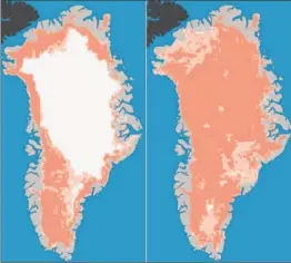  ?? NASA ?? SATELLITE IMAGES show the surface melt between July 8, left, and July 12. “This was so extraordin­ary that at first I questioned the result,” a scientist said.