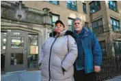  ?? ?? Lee Byrd, tenant leader, left, and Michael Rohrbeck, executive director, of Voice of the People in Uptown, stand in front of the San Miguel Apartments at 907 W. Argyle St. on Monday.