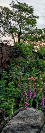  ??  ?? The granite farmhouse stands proud overlookin­g the main lawn, edged with rich purple common foxgloves.