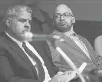  ?? SEAN D. ELLIOT/THE DAY ?? Sergio Correa, right, with defense attorney Joseph E. Lopez Sr., watches the prosecutor question his adoptive sister Ruth Correa during a hearing in New London Superior Court in September.