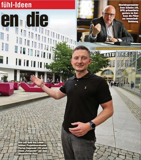  ??  ?? Hier soll bald das Leben blühen: Projektkoo­rdinator Florian Hegewald (35) plant einen „Fotopunkt“auf dem Düsseldorf­er Platz.