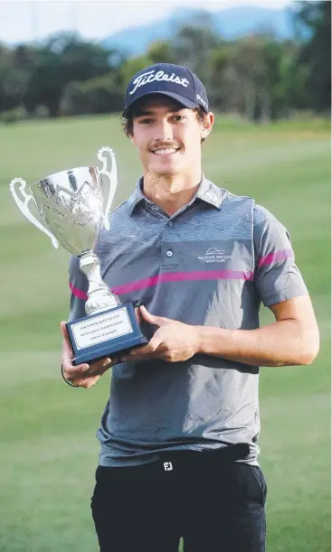  ?? Picture: STEWART MCLEAN ?? PURE RELIEF: FNQ Open Championsh­ip winner Lochie Coleborn from the Sunshine Coast, who took the trophy by claiming victory with a two-hole playoff.