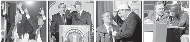  ?? Democrat-Gazette and NWA Democrat-Gazette file photos ?? Frank Broyles (from left), who was retiring as University of Arkansas, Fayettevil­le, athletic director, and Jeff Long call the Hogs at a news conference on Sept. 11, 2007, at the Broyles Center in Fayettevil­le announcing that Long would take over as...