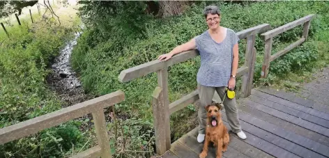  ?? RP-FOTO: WOLFGANG KAISER ?? Eva Scheuß mit ihrem Hund, dem Irish Terrier „Darry“, auf der Holzbrücke über den Schleckbac­h zwischen Klixdorf und Mülhausen.