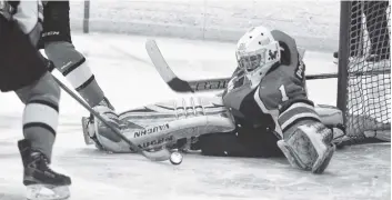  ?? [LIZ BEVAN / THE OBSERVER] ?? Ryan Porter makes the save against the first-place Ayr Centennial­s. The Jacks lost the game 6-2. This weekend, Wellesley will be playing a home-and-home series against last-place Delhi.