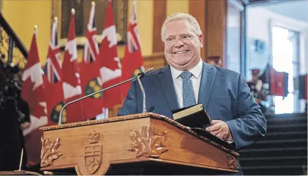  ?? MARK BLINCH
THE CANADIAN PRESS ?? Doug Ford speaks as he is sworn in as premier of Ontario during a ceremony at Queen’s Park in Toronto on Friday.