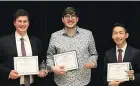  ?? PHOTOS: STEPHEN J. NICHOLSON ?? Here are the Provincial Final Senior Concert Award Winners. Pictured from left to right: Dominic Ghiglione, Blanche Squires Memorial Senior Bronze Award; Fraser Krips, Sister Boyle Senior Gold Award; Thomas Hu, Wallis Memorial Senior Silver Award.