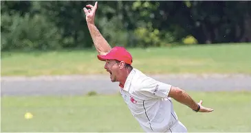  ??  ?? Brent Eastwell celebrates the wicket of Adam Mazza as Buln lifted themselves off the bottom of the ladder with a win in division one.