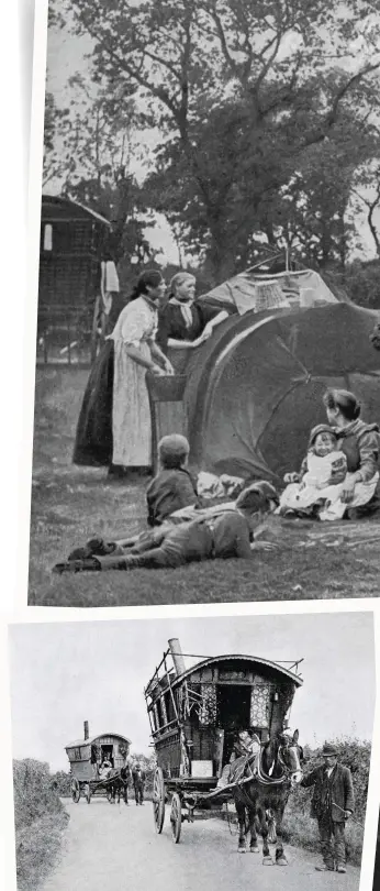  ??  ?? MAIN Different generation­s work, rest and play at a Gypsy encampment in Essex, c1899 FROM LEFT TO RIGHT Caravans make their way through Surrey in 1914; a Gypsy matriarch; hard at work picking hops