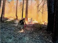  ?? National Park Service / Getty Images ?? Firefighte­rs conduct early morning backfiring operations near the South Entrance on Monday in Yosemite National Park, California. The fire is threatenin­g the Mariposa Grove of giant sequoias.