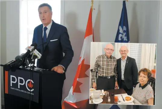  ?? PHOTOS TAÏEB MOALLA ?? Maxime Bernier, chef du Parti populaire du Canada, a rencontré la presse en Beauce hier, au lendemain du débat. En mortaise, le candidat conservate­ur Richard Lehoux ( au centre) visitait pour sa part une résidence pour personnes âgées, hier, à Saint-georges.