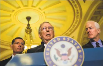  ?? Jacquelyn Martin / Associated Press ?? Senate Majority Leader Mitch McConnell (center) is under pressure from members of his own party to force a confrontat­ion with the Obama administra­tion over Planned Parenthood.